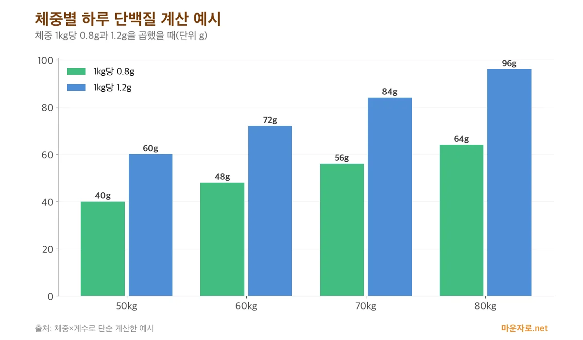 체중 50~80kg일 때 1kg당 0.8g과 1.2g 기준 하루 단백질 양을 비교한 그룹 막대그래프