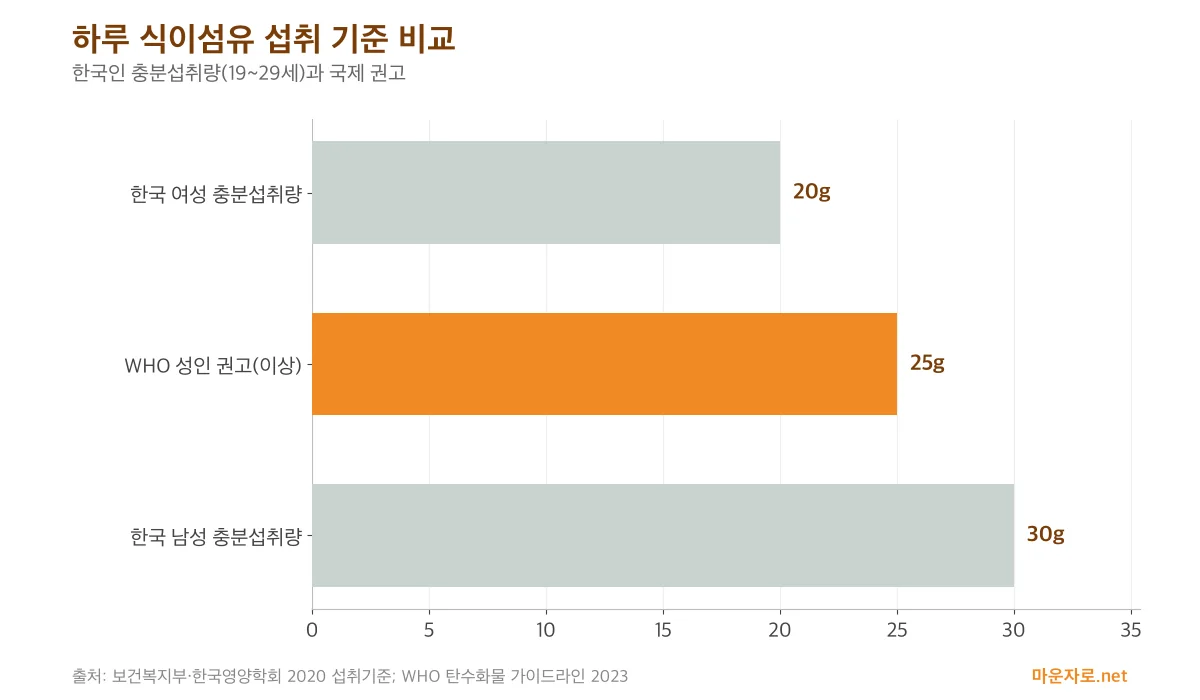한국 여성 20g, WHO 성인 권고 25g 이상, 한국 남성 30g의 하루 식이섬유 기준을 비교한 가로 막대그래프