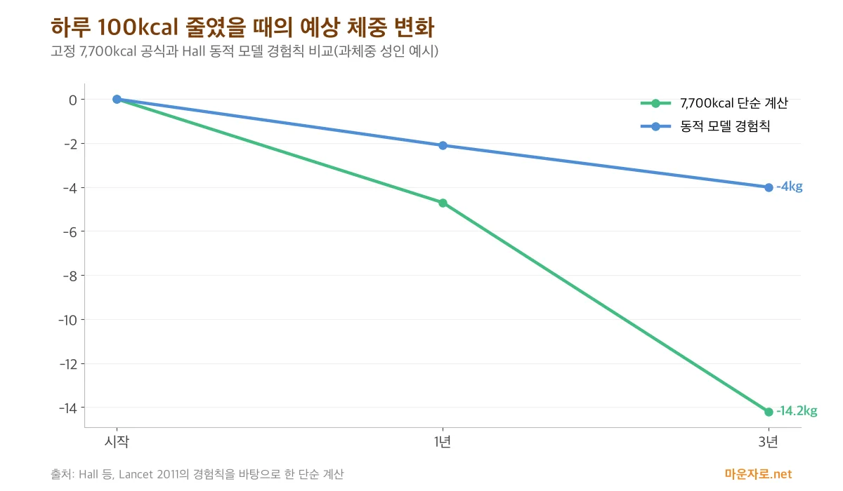 하루 100kcal를 줄였을 때 7,700kcal 공식은 3년 14.2kg 감소를, 동적 모델 경험칙은 약 4kg 감소를 예상함을 비교한 선그래프