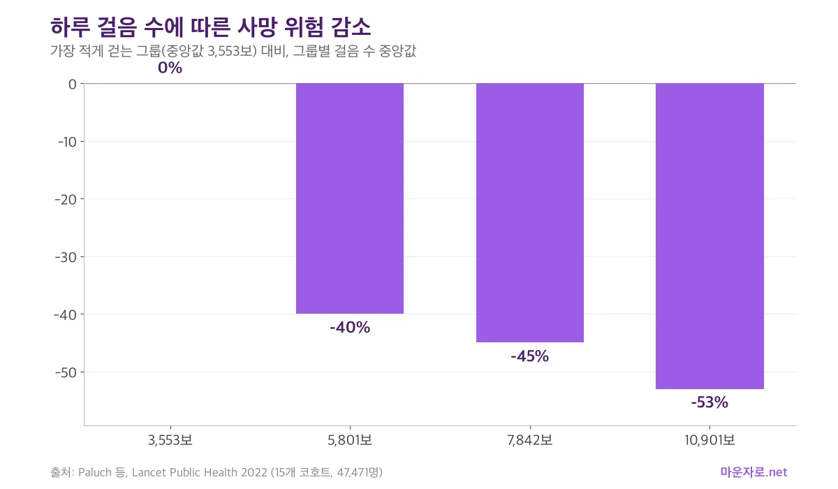 하루 걸음 수 그룹별 사망 위험이 가장 적게 걷는 그룹 대비 40%, 45%, 53% 낮았음을 보여 주는 막대그래프