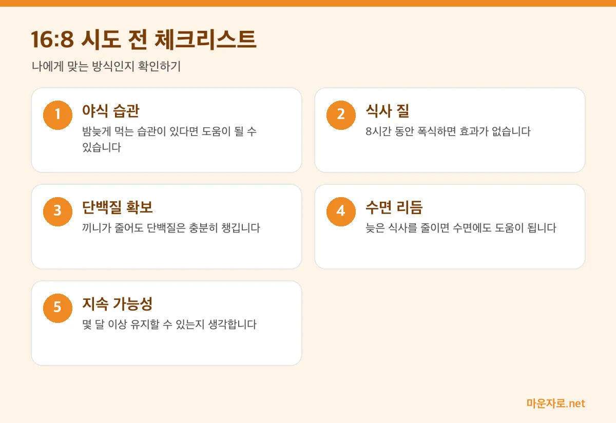 간헐적 단식 16:8을 시도하기 전 확인할 다섯 가지 체크리스트 인포그래픽