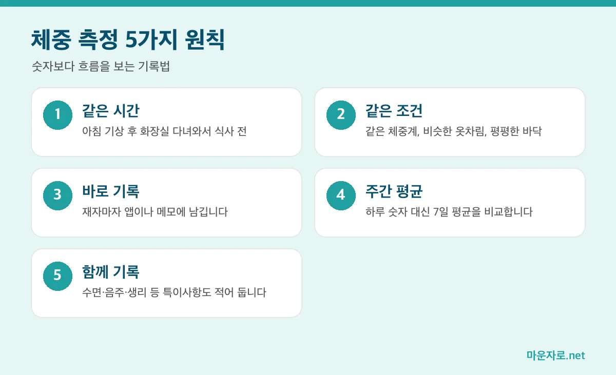 체중 측정 5가지 원칙 인포그래픽: 같은 시간, 같은 조건, 바로 기록, 주간 평균, 함께 기록