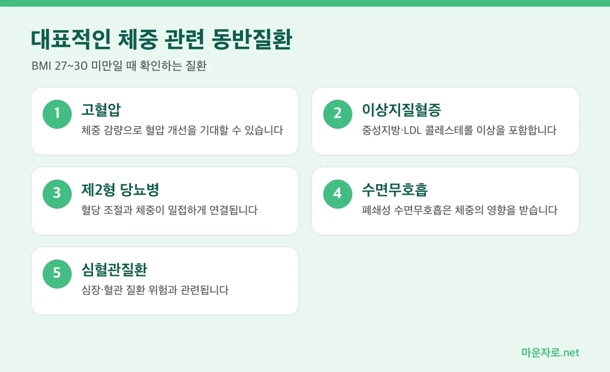 마운자로 처방 시 확인하는 체중 관련 동반질환 인포그래픽: 고혈압, 이상지질혈증, 제2형 당뇨병, 수면무호흡, 심혈관질환
