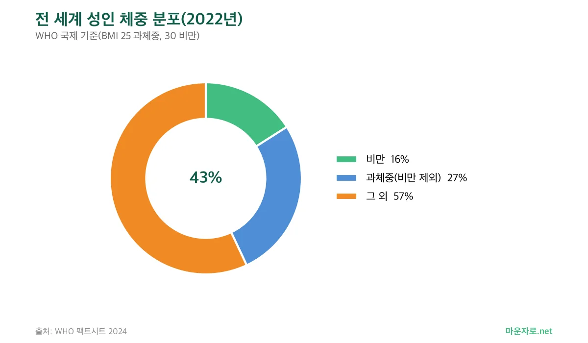 2022년 전 세계 성인 중 비만 16%, 과체중 27%, 그 외 57%를 나타낸 도넛 차트