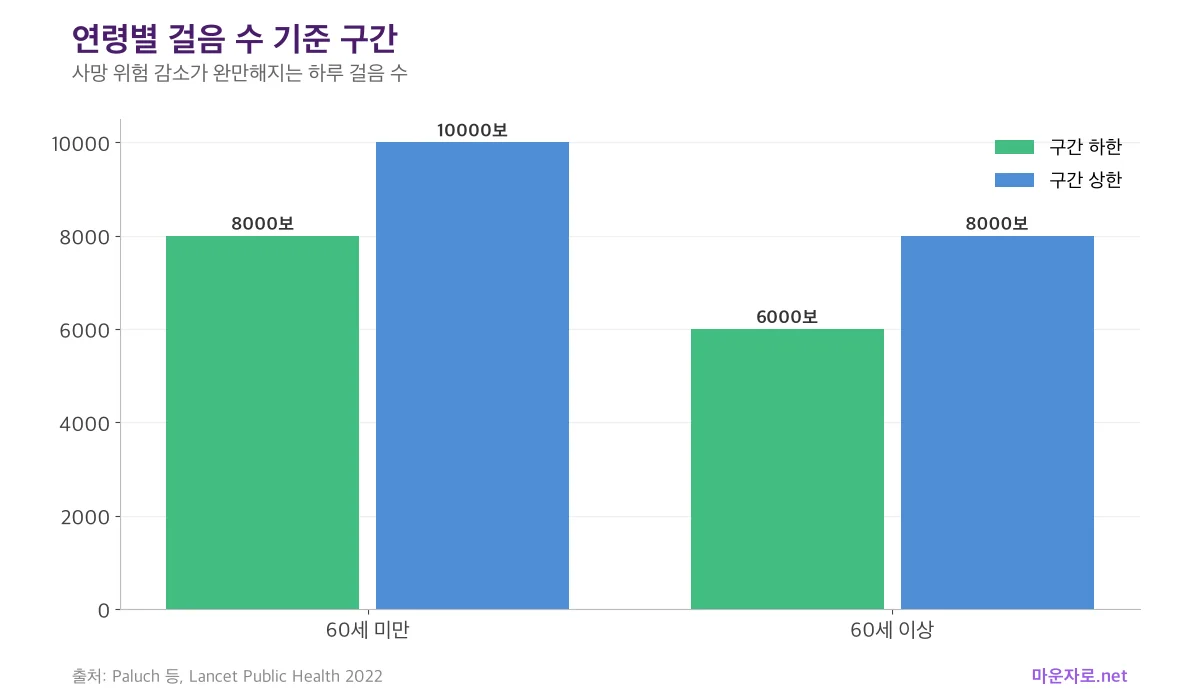 60세 미만 8,000~10,000보, 60세 이상 6,000~8,000보의 하루 걸음 수 기준 구간을 나타낸 그룹 막대그래프